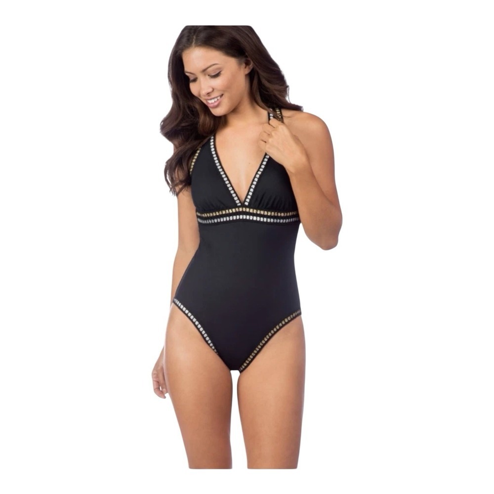 La Blanca Swimwear Threading Halter One-Piece Swimsuit Black Sz 10